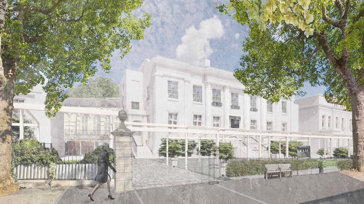 Artist's impression, not a photograph: a white Regency villa seen from the street through trees, with white pergola structures along its front terrace behind railings and a person walking past a stone gate pier.